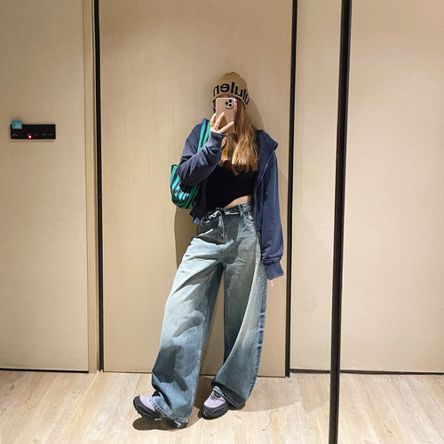 美式复古翻边阔腿休闲牛仔裤女