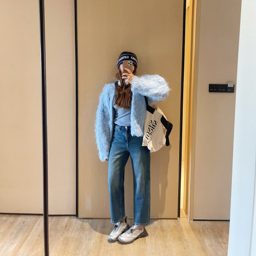 秋冬四面弹拉绒九分法棍牛仔裤女