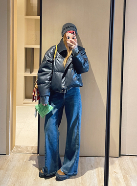 KOGIRL冬季植绒加厚立体剪裁高腰显瘦松弛感直筒微喇休闲牛仔裤女