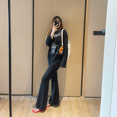 黑色长腿显瘦高腰柔软喇叭裤女夏