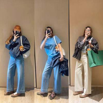 直筒剪裁宽边高腰直筒牛仔裤女