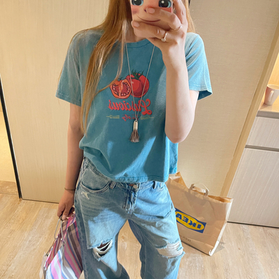 韩系砂洗做旧红番茄宽松T恤上衣