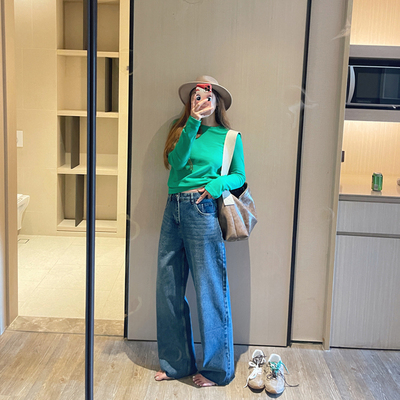 韩版秋季梨形时髦直筒毛边牛仔裤