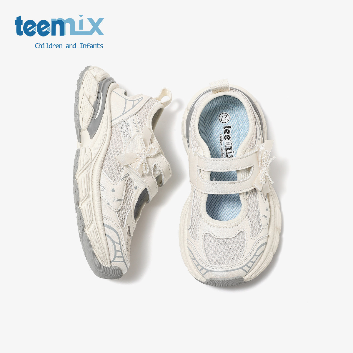 天美意童鞋2026春夏新款女童运动风老爹鞋女孩透气蝴蝶结休闲凉鞋