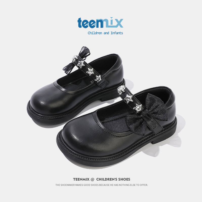 天美意女童鞋2026春新款公主鞋黑色软底儿童女宝洋气小皮鞋配裙子