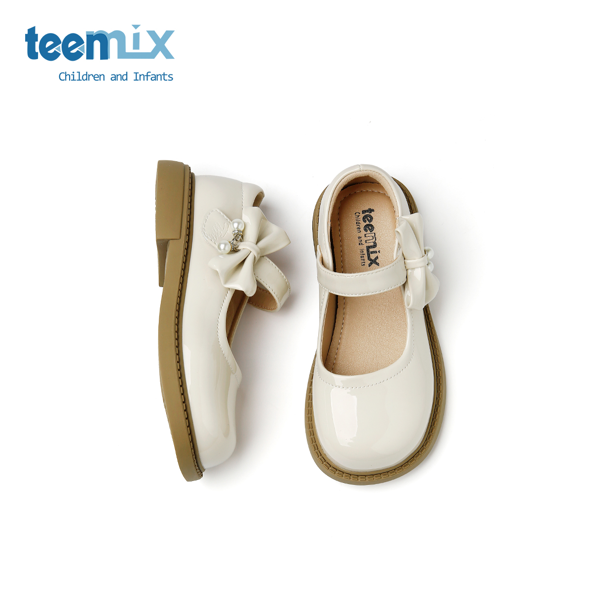 天美意儿童2025春秋新款女孩蝴蝶结白色小皮鞋女童中大童软底单鞋