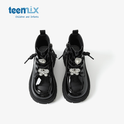 天美意2025年新款春夏季儿童中大童女宝宝英伦风水钻黑色马丁靴子