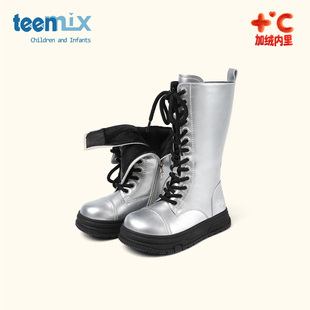 天美意童鞋2025冬季新款女宝宝中长款皮靴女童加绒高筒棉靴时装靴