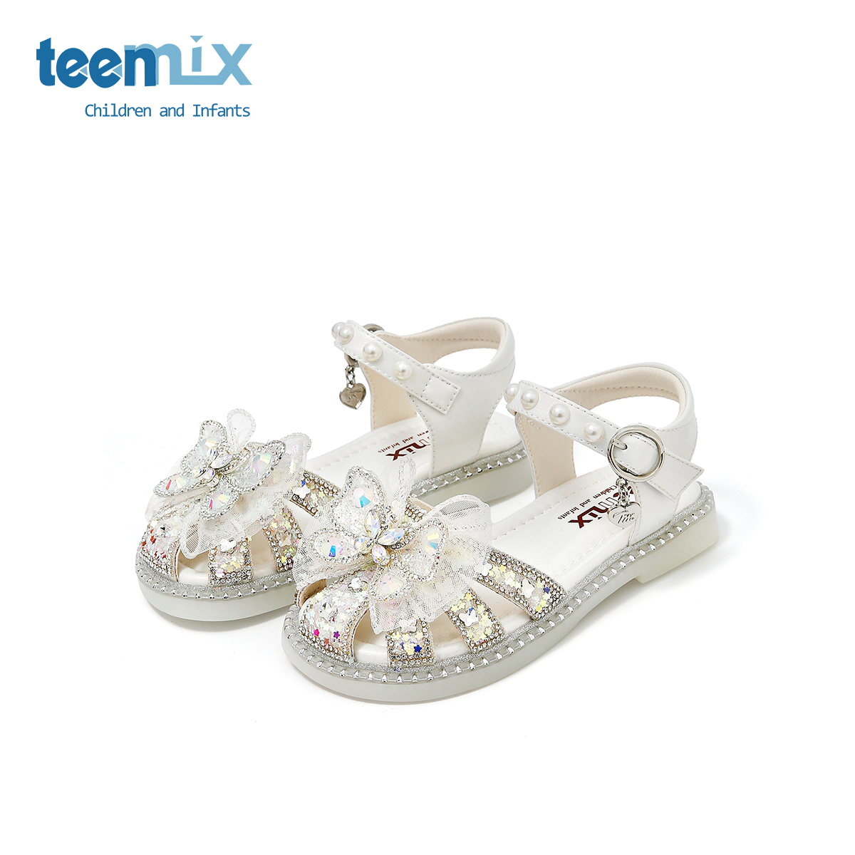 teenmix儿童2025年夏季新款软底水钻蝴蝶结公主鞋小女孩休闲凉鞋