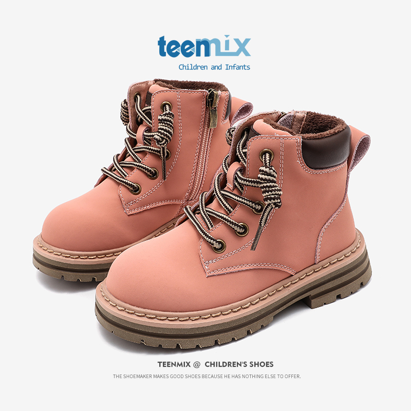 天美意童鞋女童马丁靴2023冬季新款英伦风儿童棉靴加绒宝宝皮靴潮