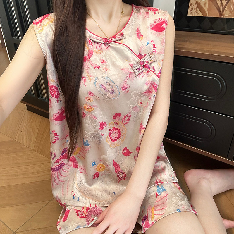 国风新中式无袖背心夏季睡衣女短裤冰丝透气复古汉服家居服可外穿