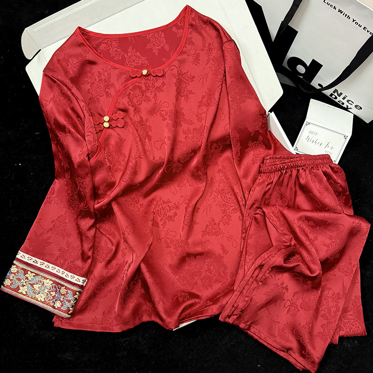 编织刺绣红色新中式国风睡衣女长袖春夏季薄款冰丝格格清汉家居服,女士内衣/男士内衣/家居服,睡衣/家居服套装,淘宝优惠券,粉丝福利购,淘宝优惠卷