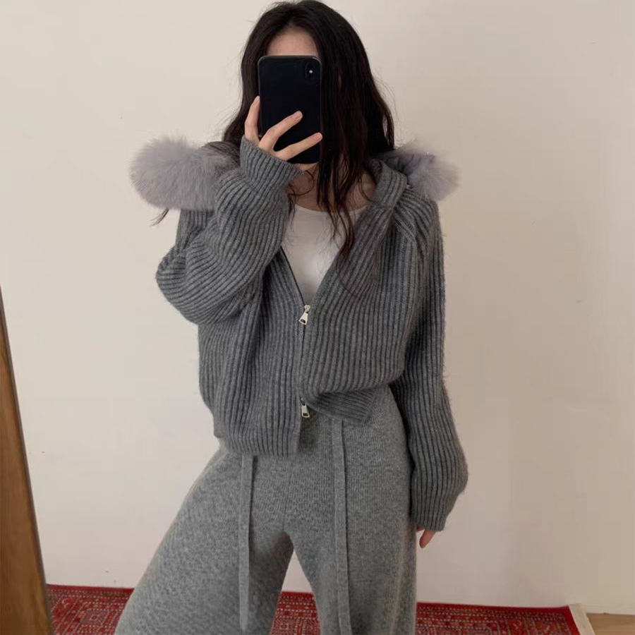 La Vague  连帽毛毛领拼接设计针织开衫  LAW53140