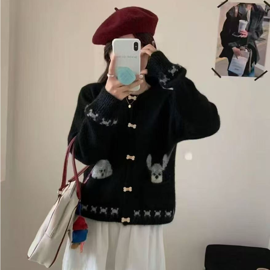 La Vague 卡通小熊提花圆领针织开衫