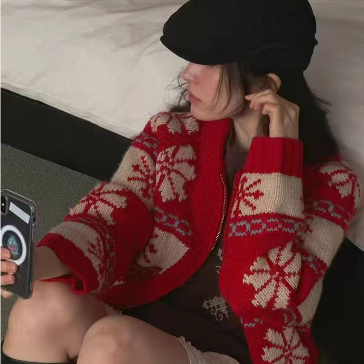 气质圆领雪花拉链针织开衫