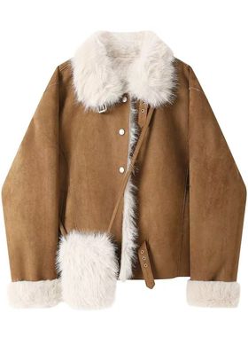 La Vague 韩系大毛翻领设计感外套（配包包）