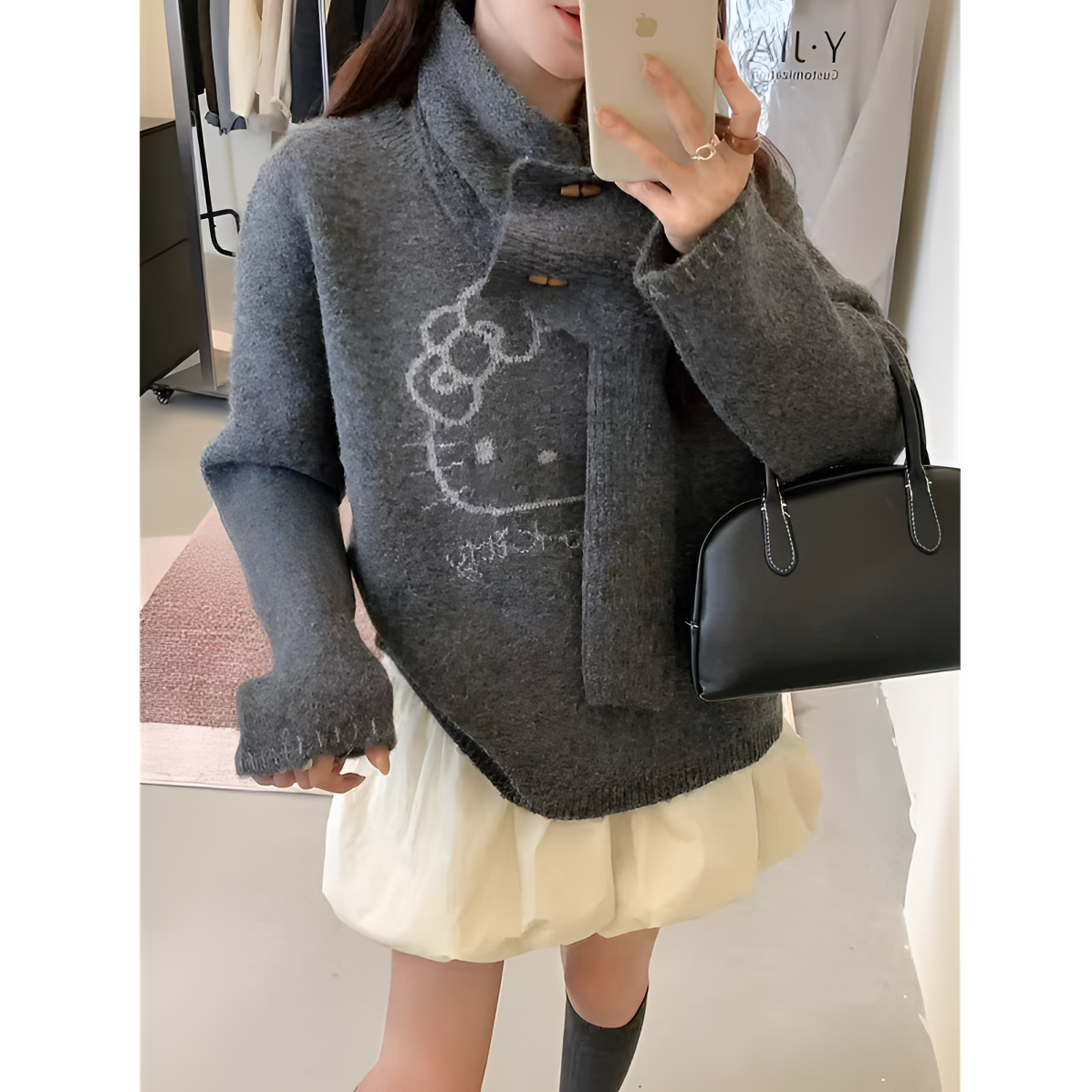 La Vague  慵懒风可爱圆领小猫上衣（配围脖）