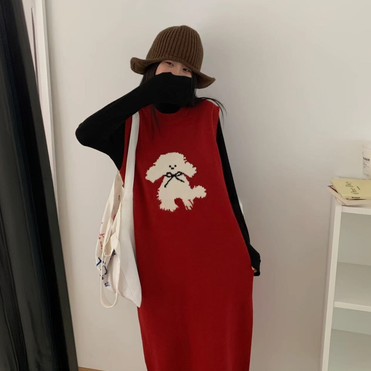 圆领卡通小狗无袖针织马甲裙
