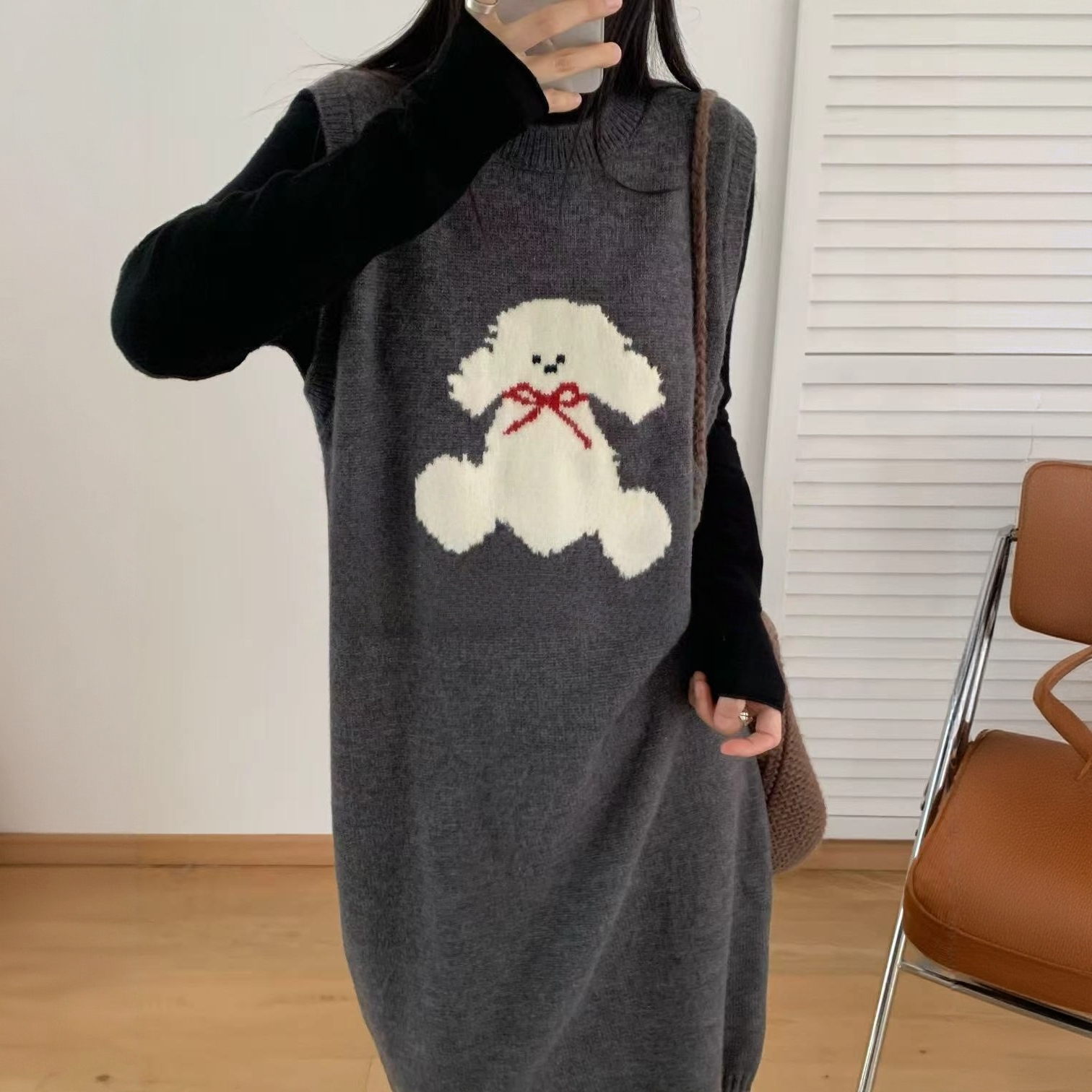 【一一专享】圆领卡通小狗无袖针织马甲裙