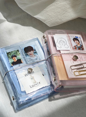 原创三折蓝色粉色m5活页本PVC透明外壳收纳册手账本一宫格小卡册