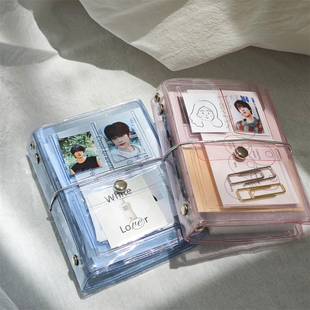 原创三折蓝色粉色m5活页本PVC透明外壳收纳册手账本一宫格小卡册