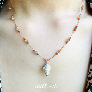 with it拉长石石榴石手工编织项链玛瑙海蓝宝彩宝爱心吊坠银鱼195