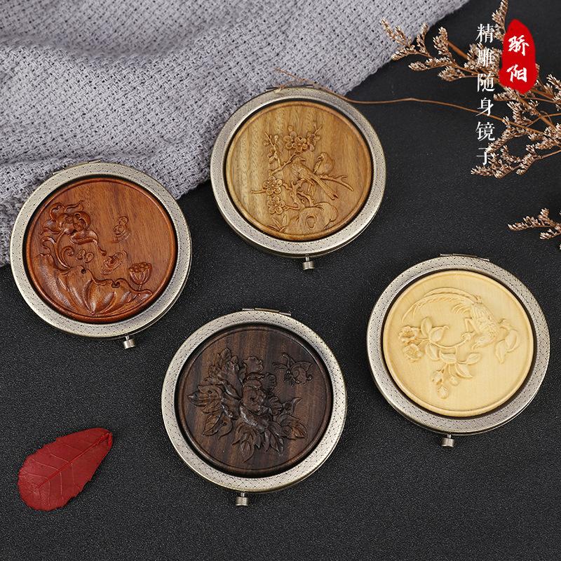 新款梳妆镜子绿檀木便携化妆镜精美圆形小镜子复古折叠花梨木礼品