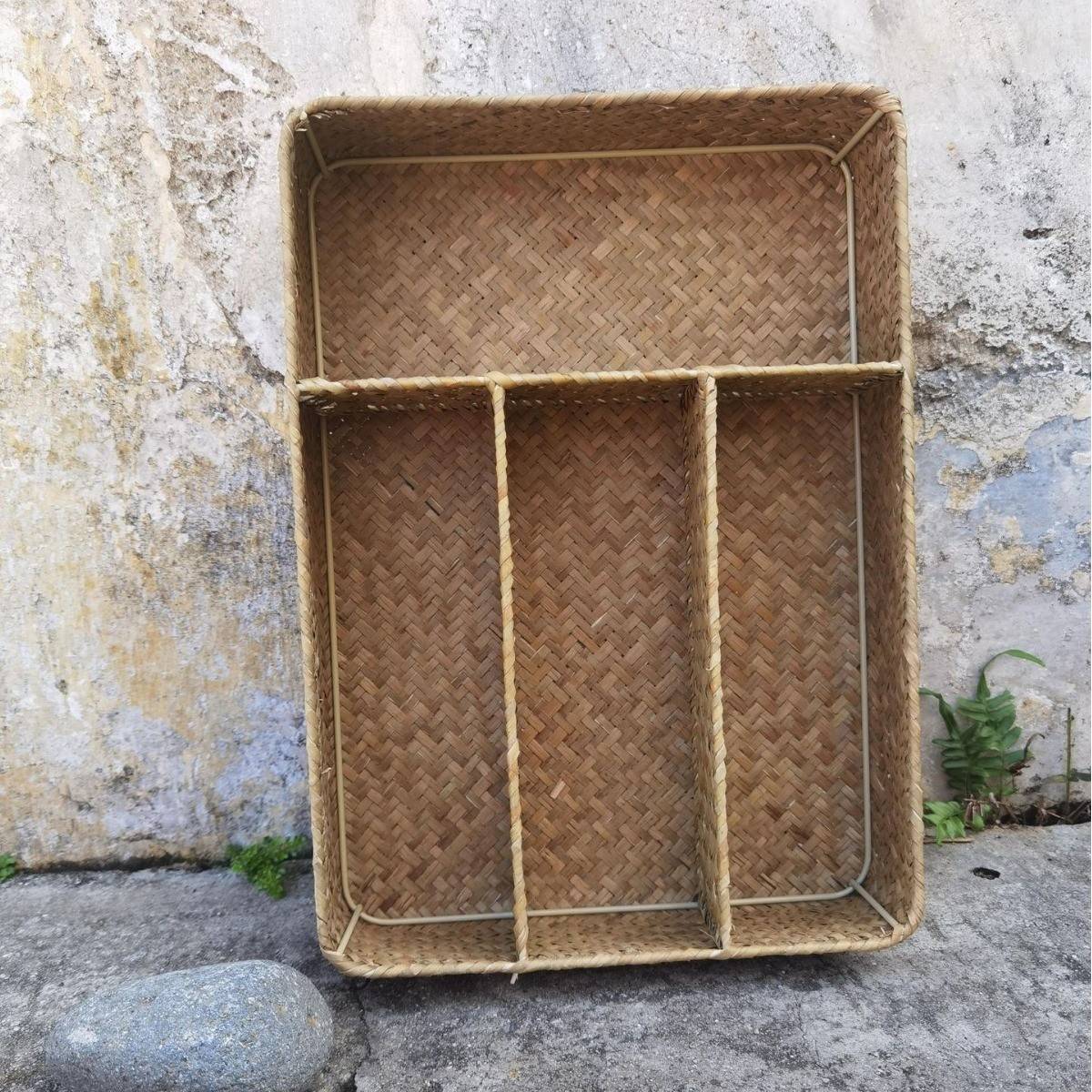 016L 手工草编筐茶具收纳四格盒、干果、喜糖收纳框