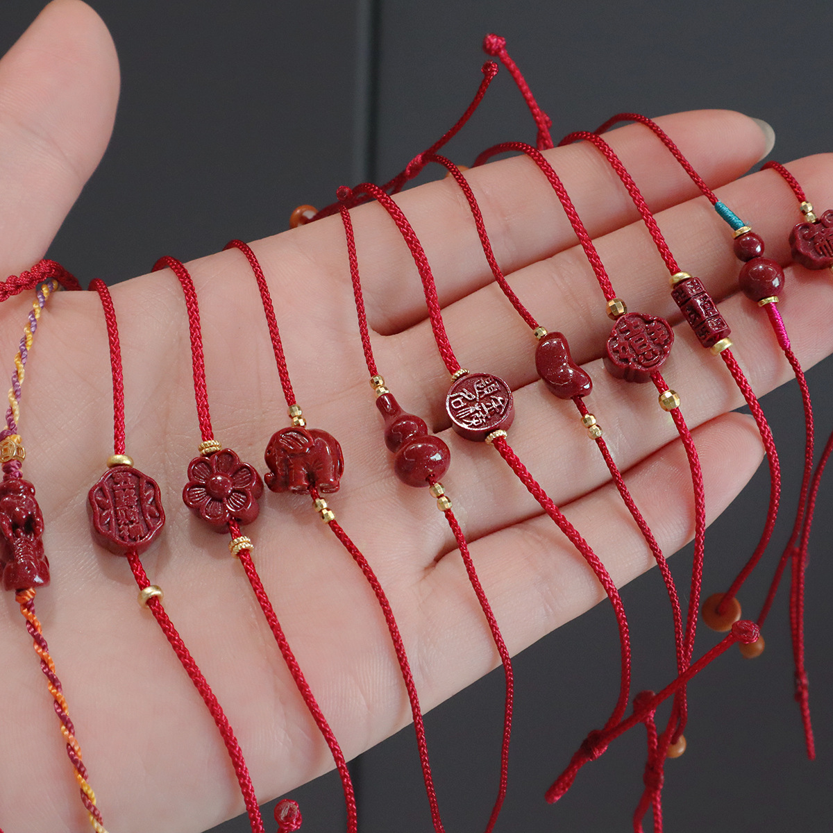 进口天然原矿高含量朱砂手链女手工编织红绳转运珠紫金砂红绳手串