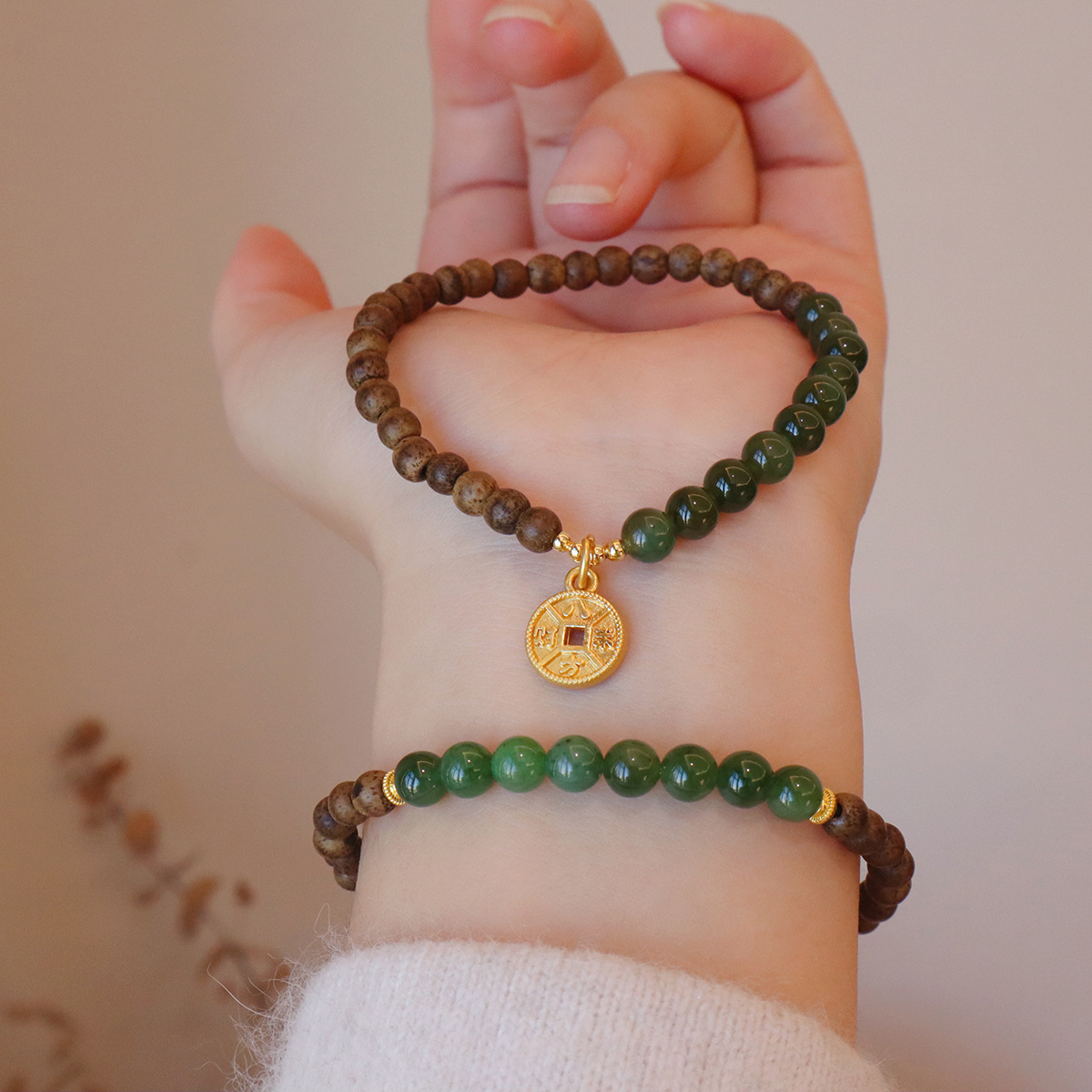 进口新中式手串天然沉香串珠手链碧玉国风饰品叠戴文创寺院新爆款