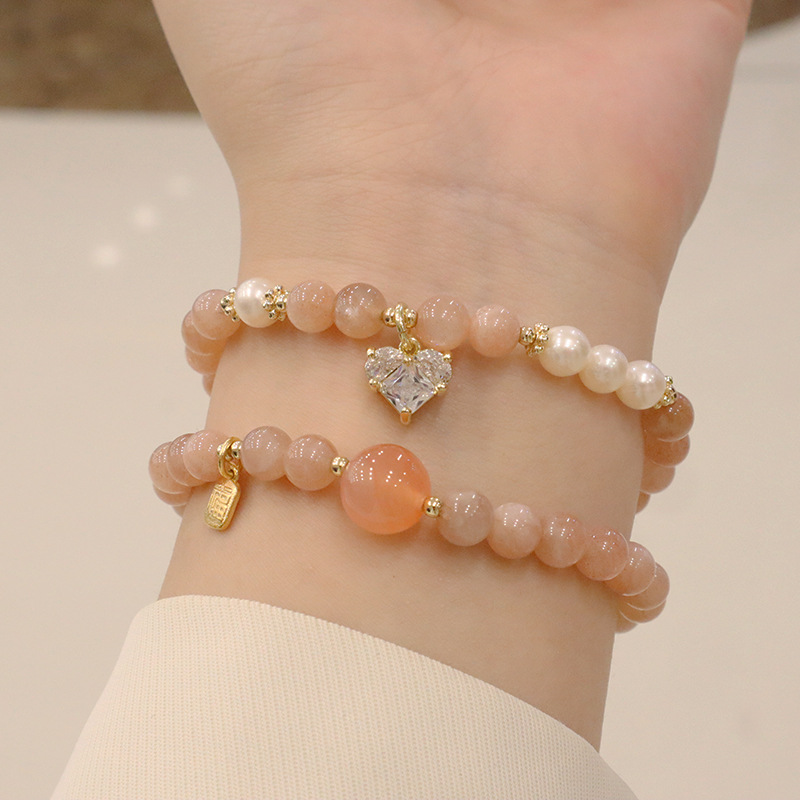 进口天然太阳石水晶盐源转运珠福牌爱心吊坠小众原创珍珠手饰品设