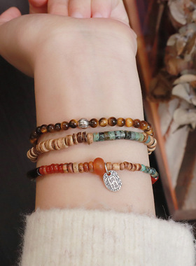 进口中古ins百搭天然石手链椰壳虎眼石玛瑙纯银配件不掉色叠戴手