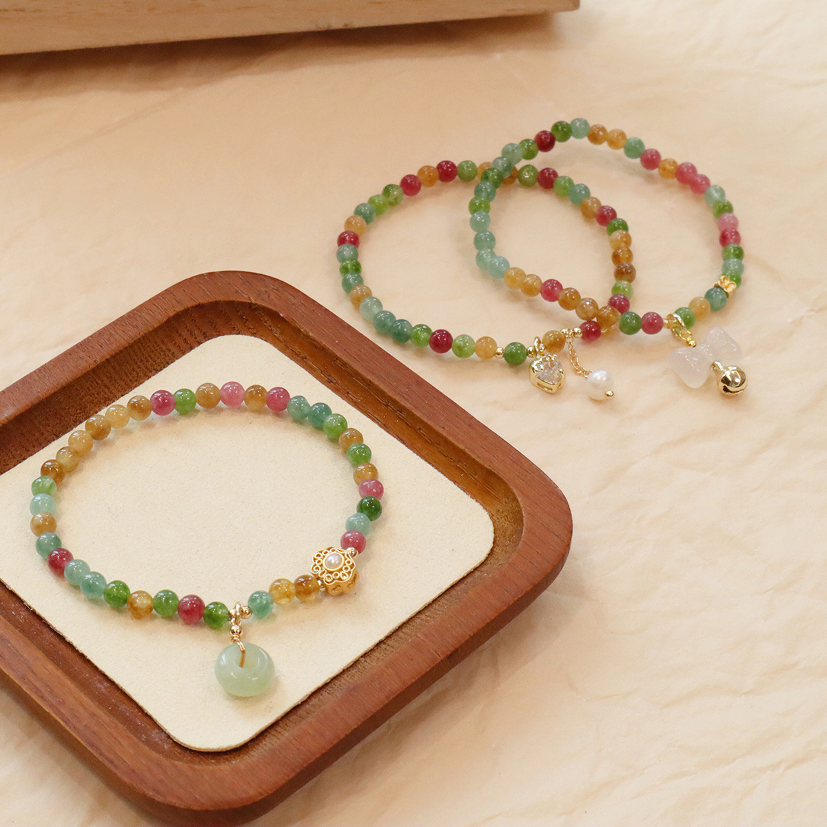 进口新中式民族风碧玺色石英岩手串平安扣珍珠吊坠玉髓配饰彩色手