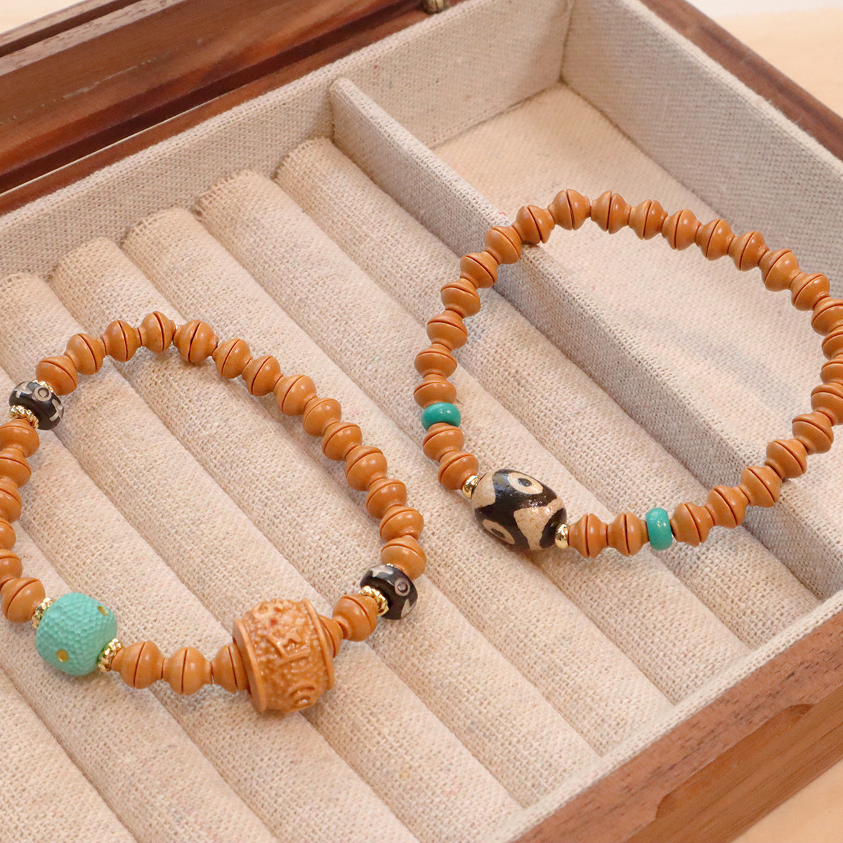 进口天然橄榄核手串单圈简约男女文玩六字真言手链情侣金饭碗佛珠