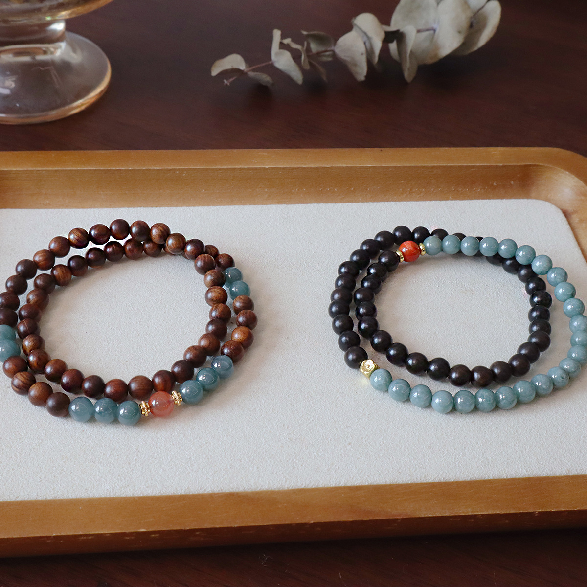 进口天然黑花梨木双圈手串手链蓝水翡翠男女款森系念珠佛珠手串饰