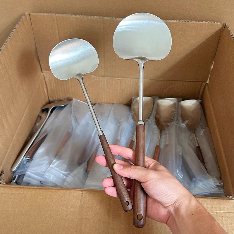 进口不锈钢胡桃木蘑菇铲家用厨房迷你炒菜铲子不粘锅专用铁铲炒XK