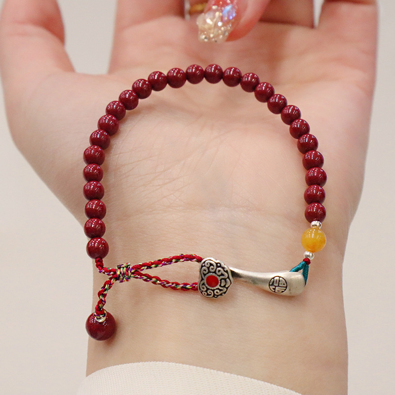进口天然朱砂手串女高含量紫金砂本命年足银如意手链女款红绳编织