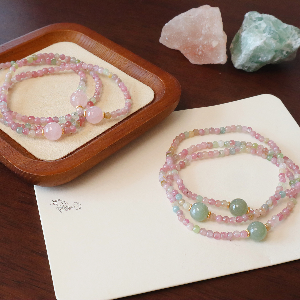 进口天然冰淇淋碧玺手链串珠弹力绳手链手串女和田玉粉晶纯银叠戴