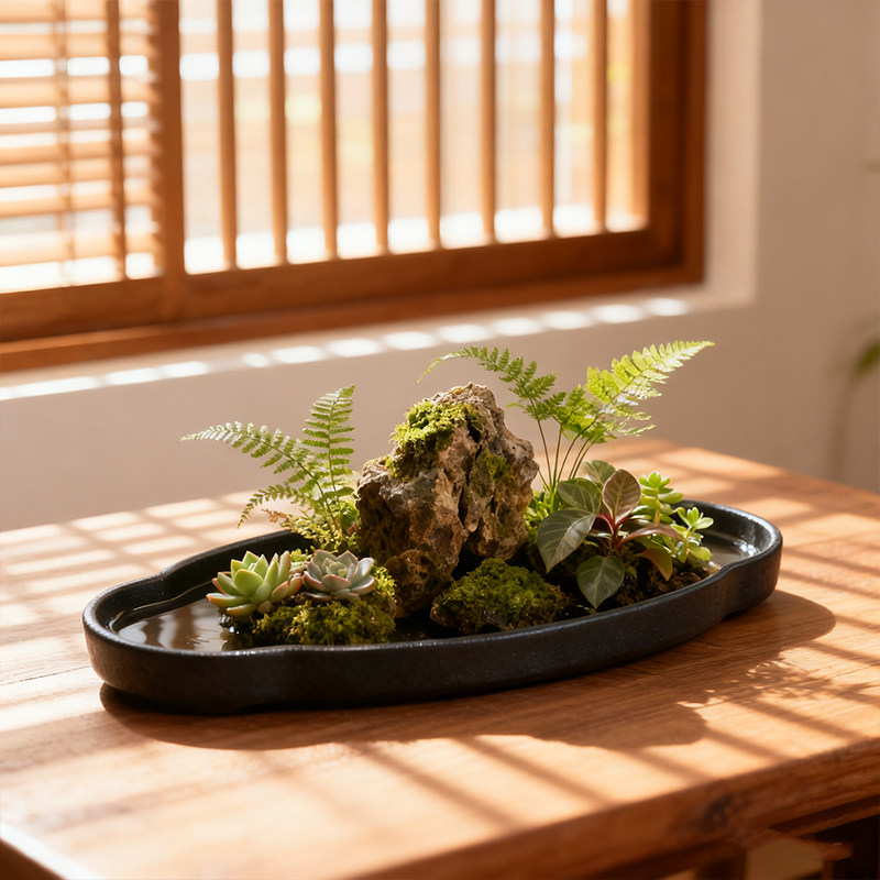 上水石盆苔藓假山吸水石水培盆景盆椭圆陶瓷底盘盆栽家用桌面摆件