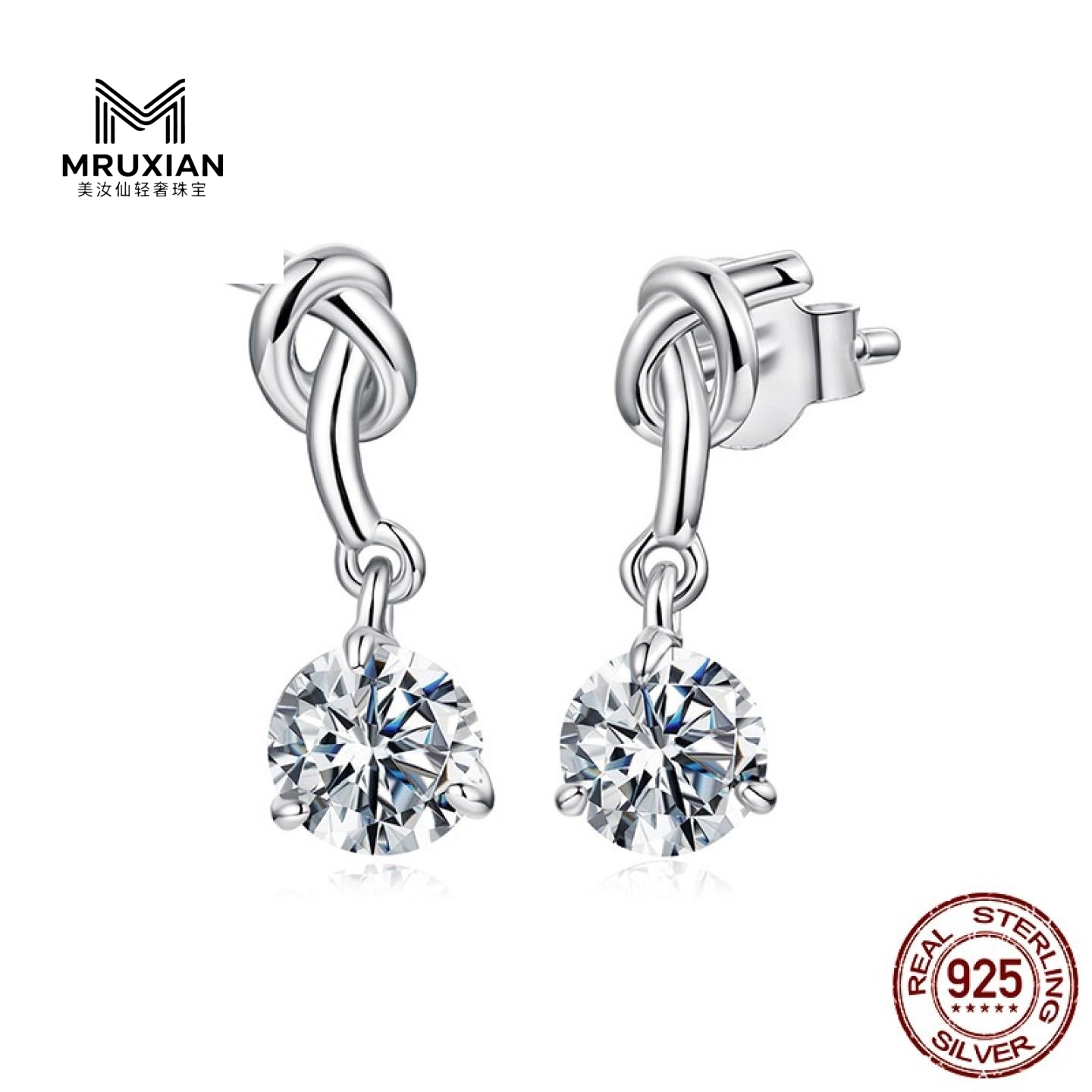MRUXIAN 纯银优雅绳结莫桑石耳钉耳环女百搭闪耀耳饰轻奢高级感原