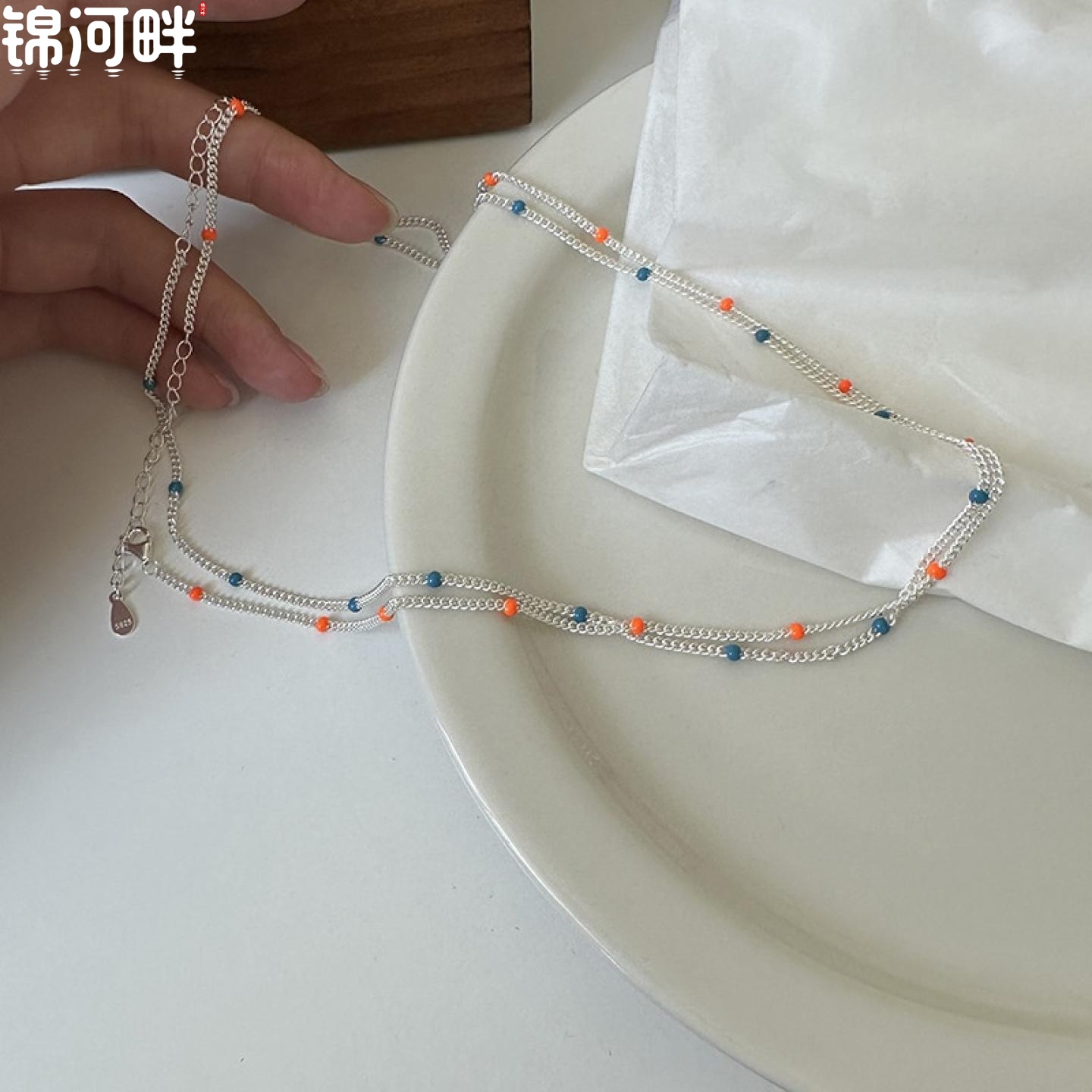 JINHEPAN 925纯银彩色滴油米珠项链女轻奢ins小众设计素链简约
