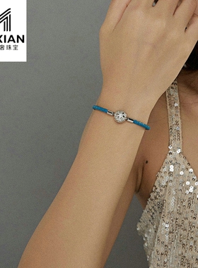 美汝仙 雪花扣头s925纯银蓝色编织皮绳基础手链原创设计新品