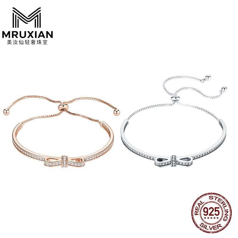 美汝仙 纯银蝴蝶结手镯镀金s925银手链简约时尚金色手饰