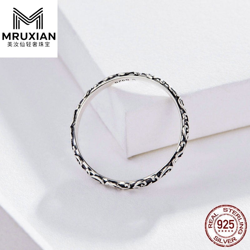 美汝仙 复古花纹纯银戒指s925欧美流行时尚花纹指环戒子