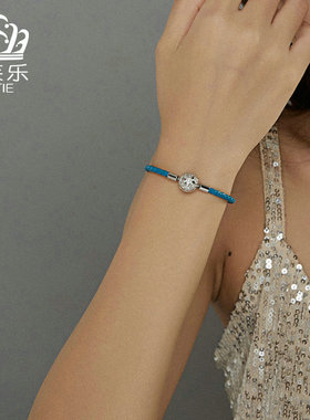 美汝仙 雪花扣头s925纯银蓝色编织皮绳基础手链原创设计新品