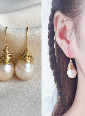 L.RUBY纯手工绕线美国进口14K包金巴洛克珍珠耳钉保色防过敏耳环