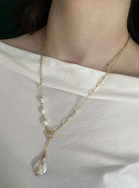 L.RUBY 淡水巴洛克珍珠不对称手工绕线OT扣项链925银耳钩耳环