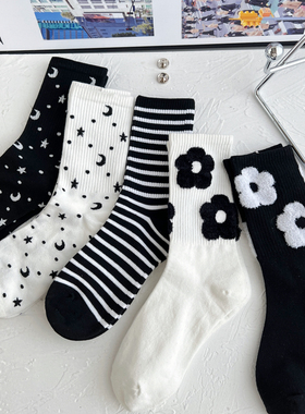 黑白色条纹袜子女中筒袜小花秋冬季简约棉袜ins潮 情侣日系长筒袜