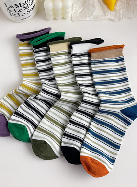 堆堆袜秋冬季韩国条纹袜子女中筒袜ins潮棉袜 学生简约百搭长筒袜