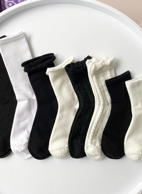 黑白色纯棉袜子女夏季简约运动韩国日系ins潮网红秋冬季百搭长袜w